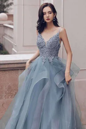 Blue Gray Lace V Neck Long Ruffles Prom Dress Open Backs Evening Dresses