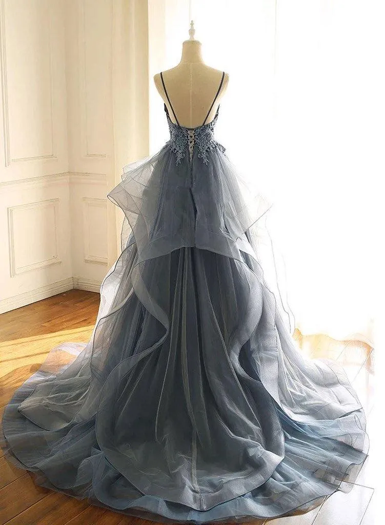 Blue Gray Lace V Neck Long Ruffles Prom Dress Open Backs Evening Dresses