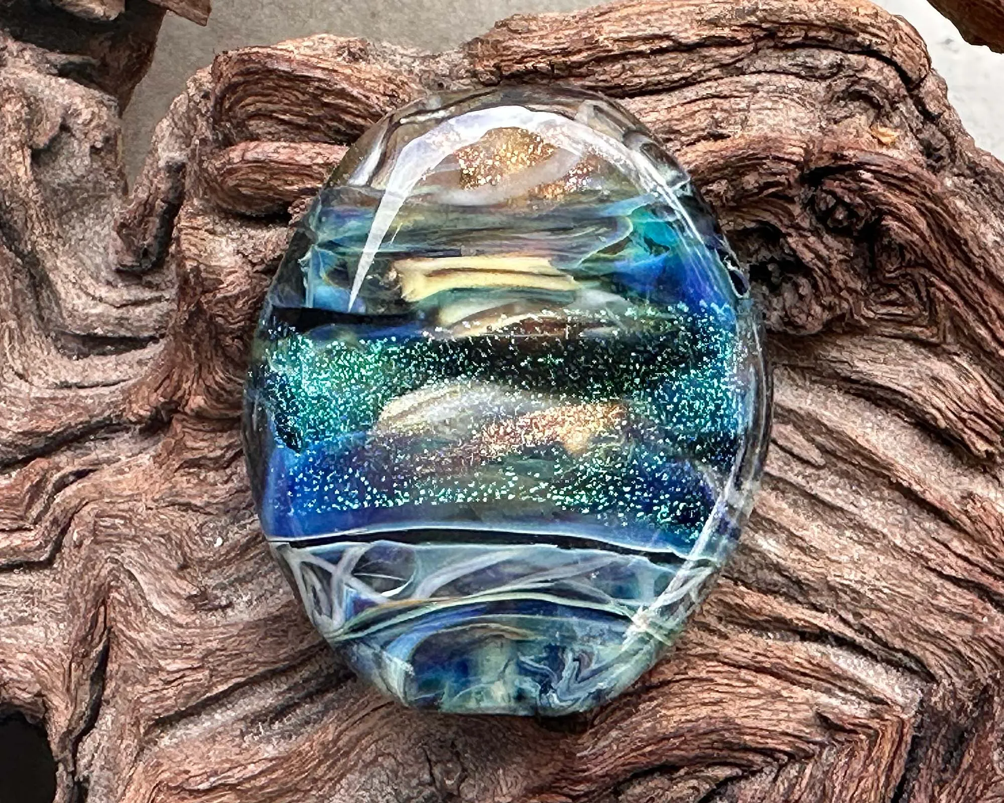 Blue Green Dichroic Shimmer Lampwork Focal Bead SRA