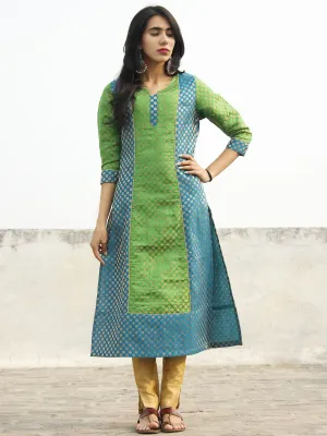 Blue Green Golden Brocade Kurta With Side Slit With Lining - D132F001