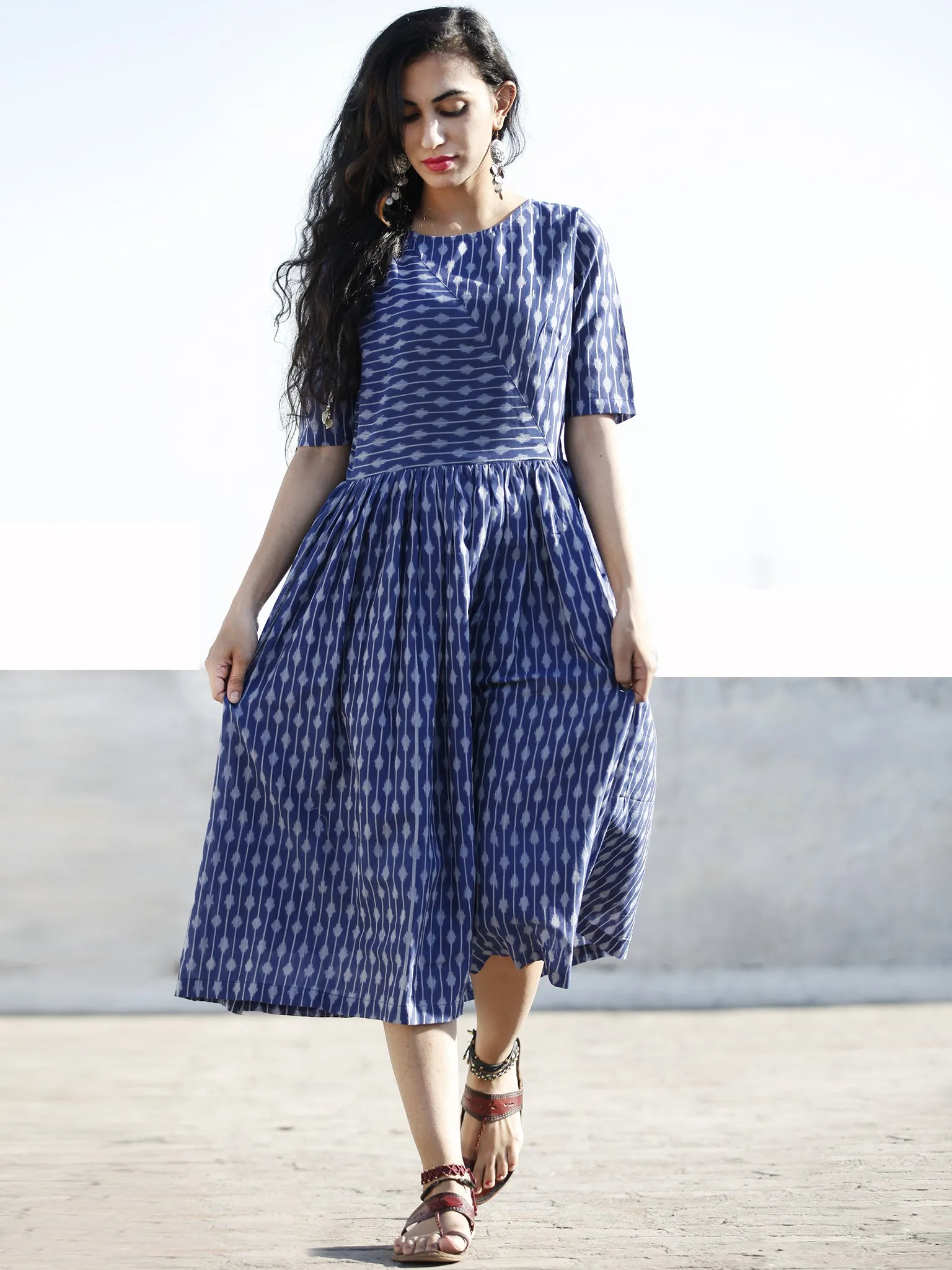 Blue Grey Hand Woven Mercerized Ikat Midi Dress (Lining Attached)-  D206F834