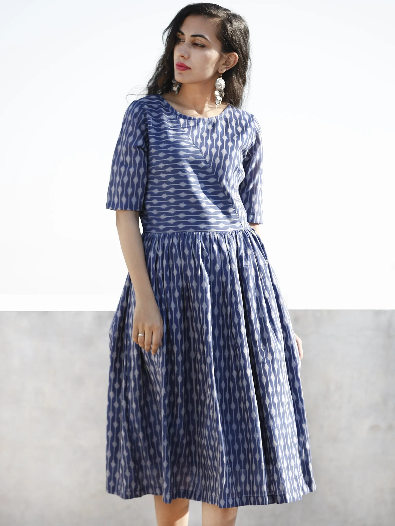 Blue Grey Hand Woven Mercerized Ikat Midi Dress (Lining Attached)-  D206F834