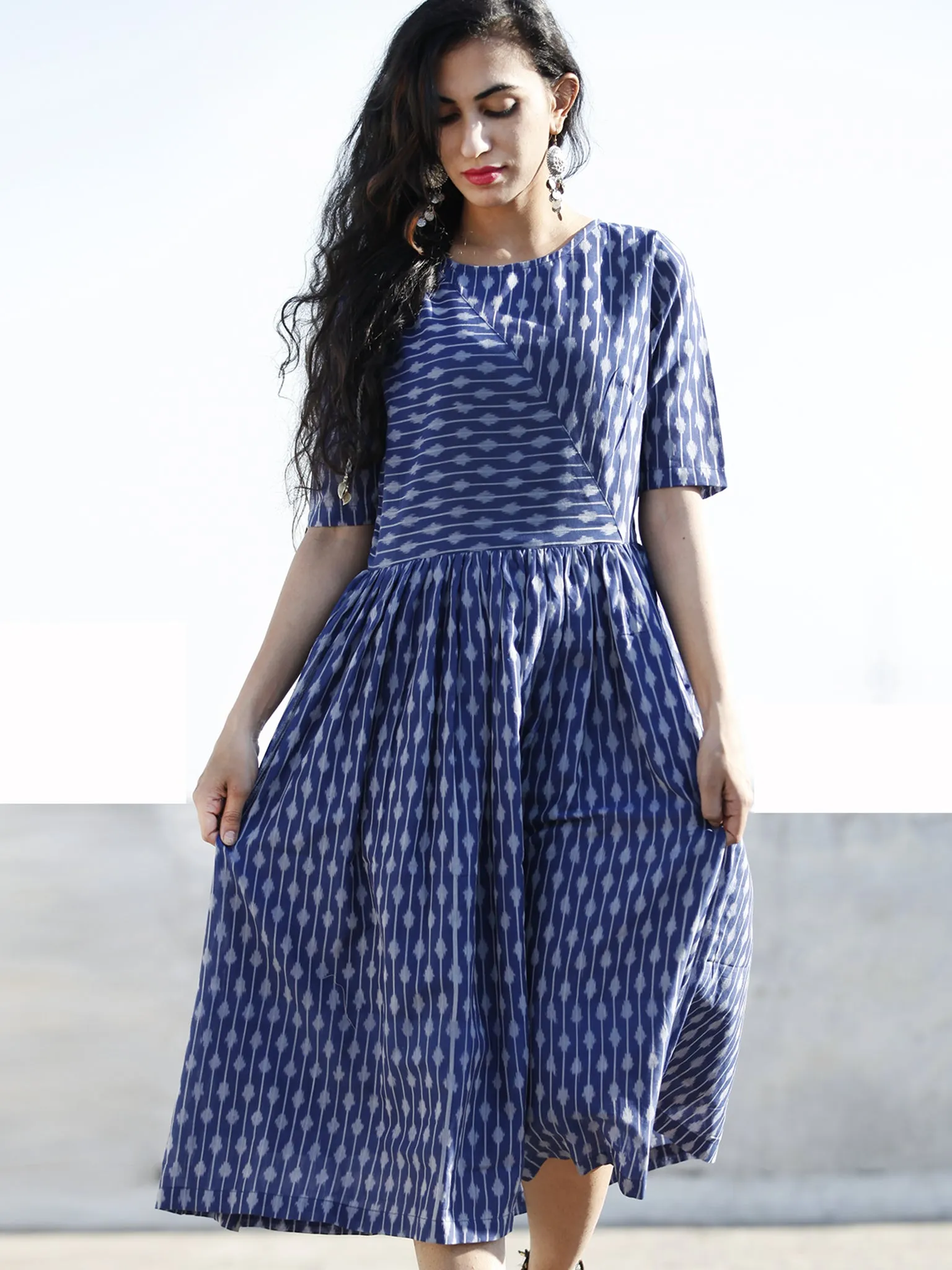 Blue Grey Hand Woven Mercerized Ikat Midi Dress (Lining Attached)-  D206F834