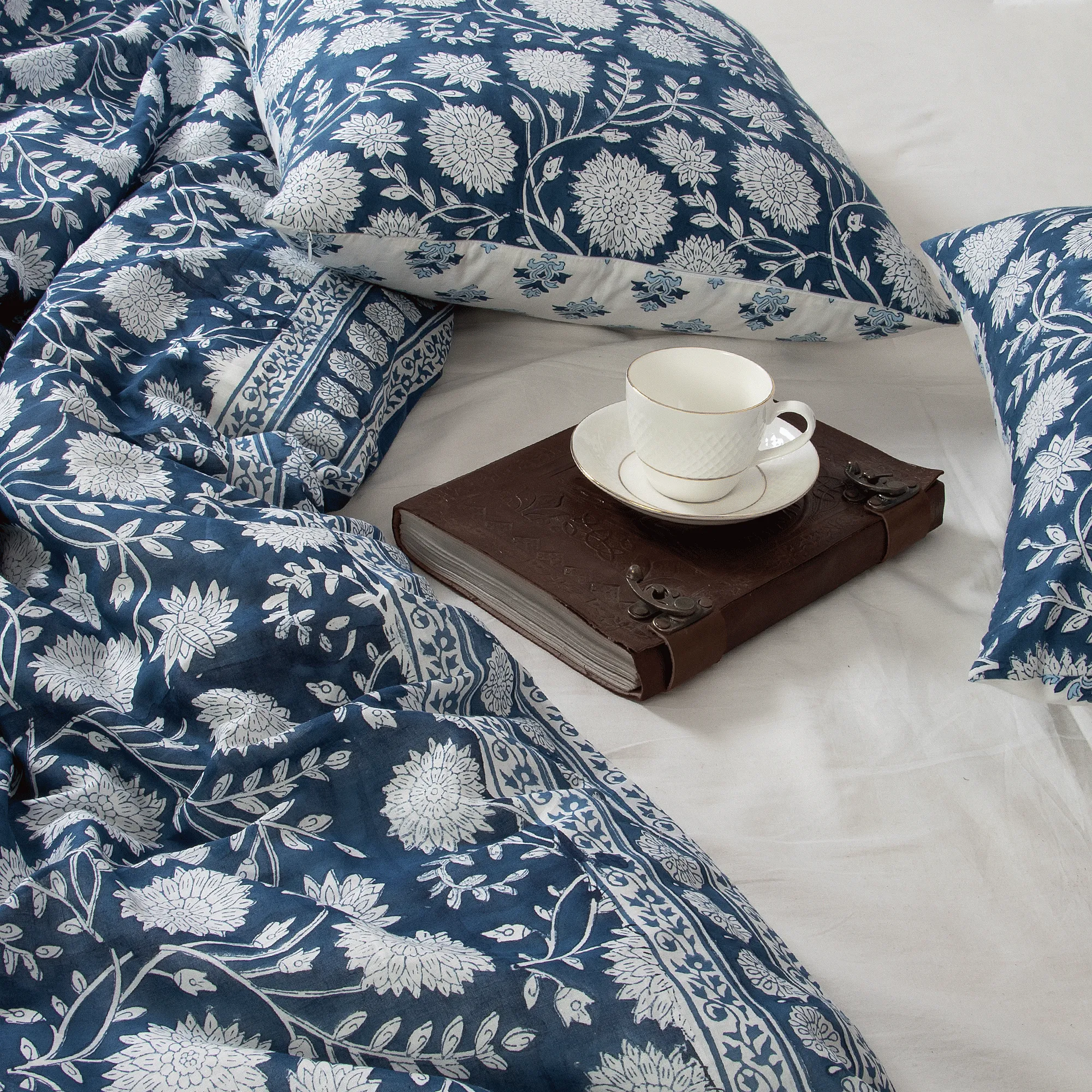 Blue Hand Block Floral Print Cotton Double Bed Duvet Cover With Shams