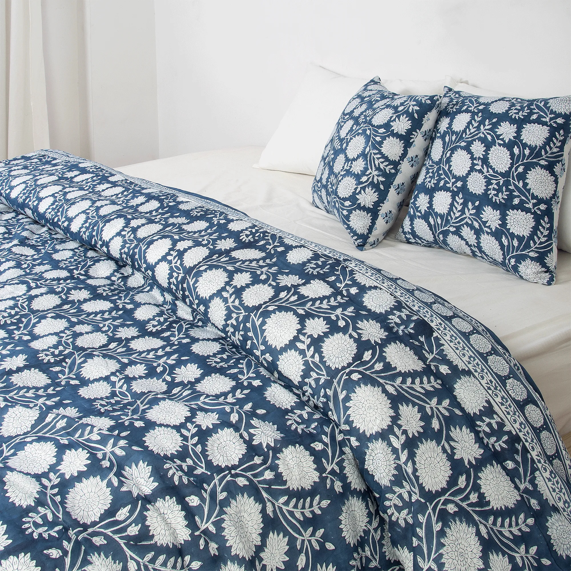 Blue Hand Block Floral Print Cotton Double Bed Duvet Cover With Shams