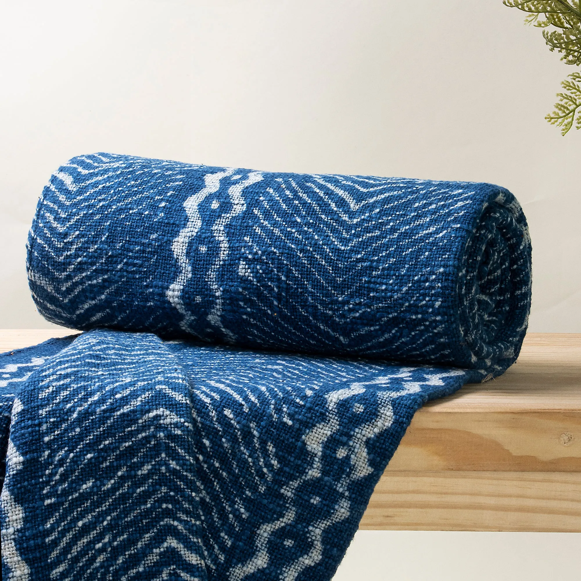 Blue Hand Block Wave Print Cotton Throws For Sofas