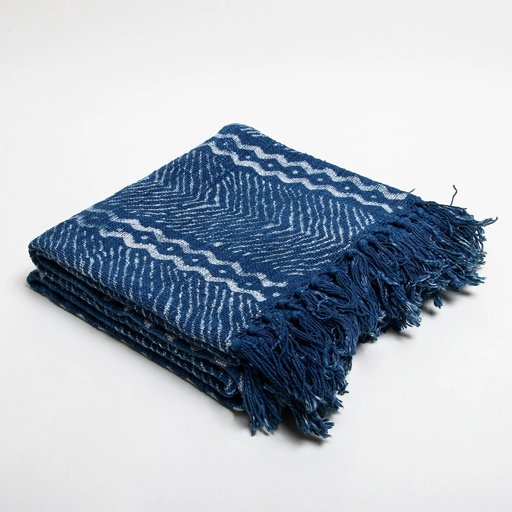 Blue Hand Block Wave Print Cotton Throws For Sofas