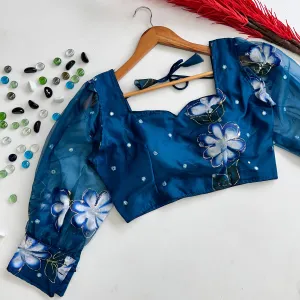 Blue Hand-Painted Organza Silk Blouse with Embroidery Accents