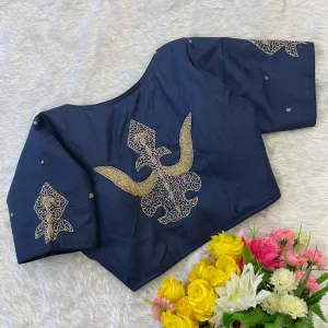 Blue Handcrafted Muskan Silk Blouse with Designer Collar and Handwork