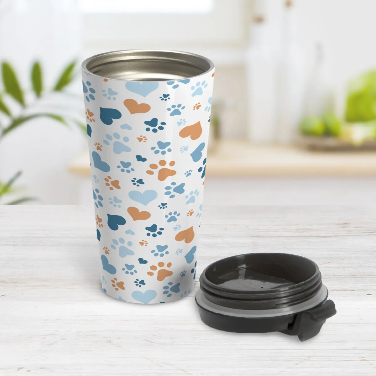 Blue Hearts and Paw Prints Travel Mug