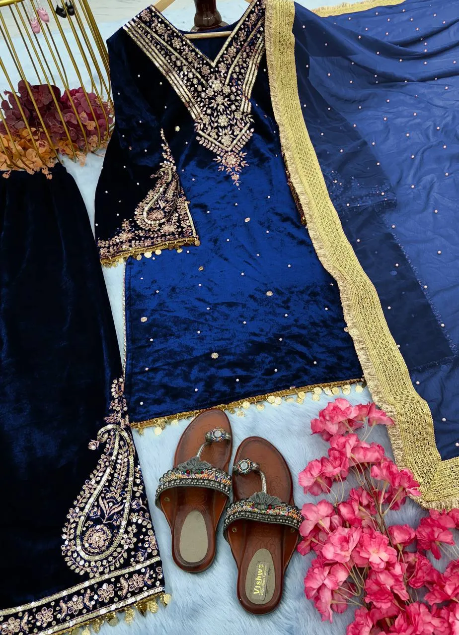 Blue Heavy Pure Viscose Velvet Top with Plazzo & Dupatta Set - Embroidery, Sequence Work, and Rivet Moti Accents