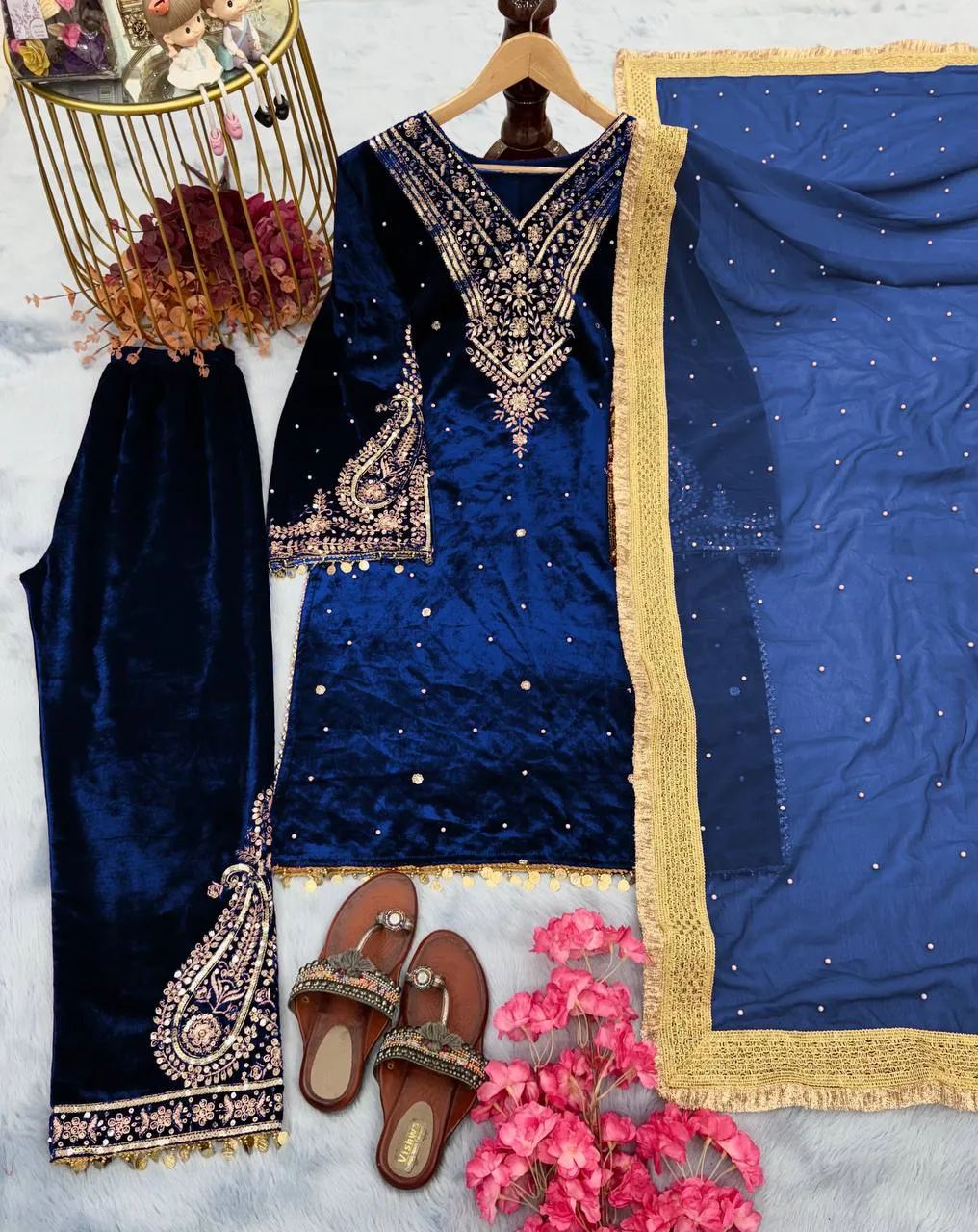 Blue Heavy Pure Viscose Velvet Top with Plazzo & Dupatta Set - Embroidery, Sequence Work, and Rivet Moti Accents