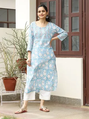 Blue Kantha Hand Block Bagru Floral Printed Kurta