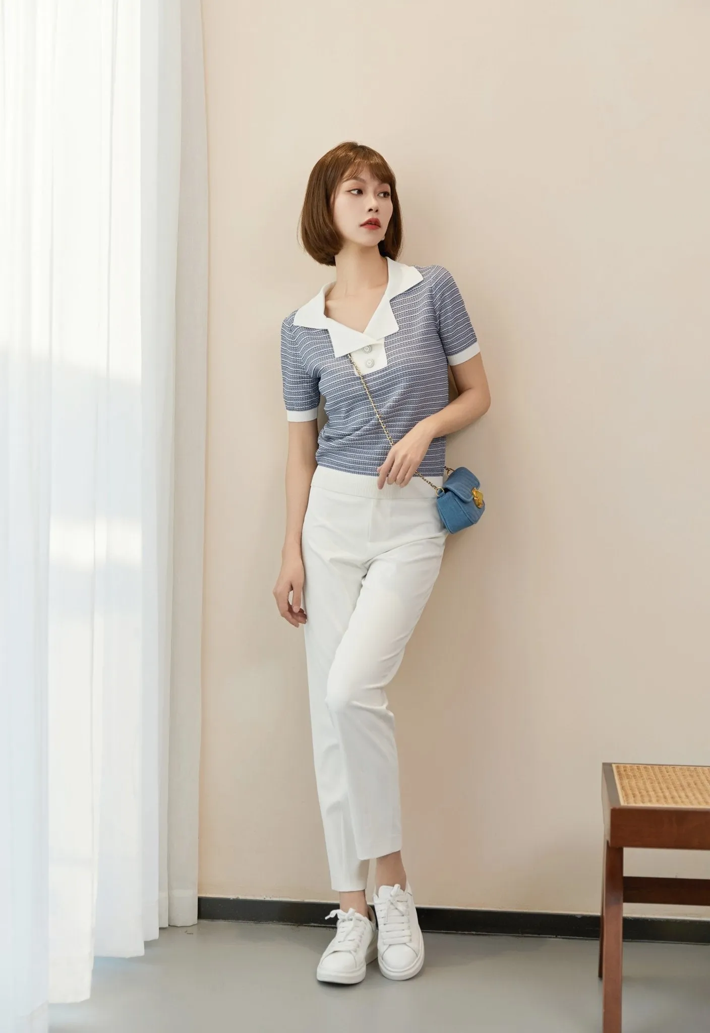 Blue Knit Short Sleeve Stripe T-shirt