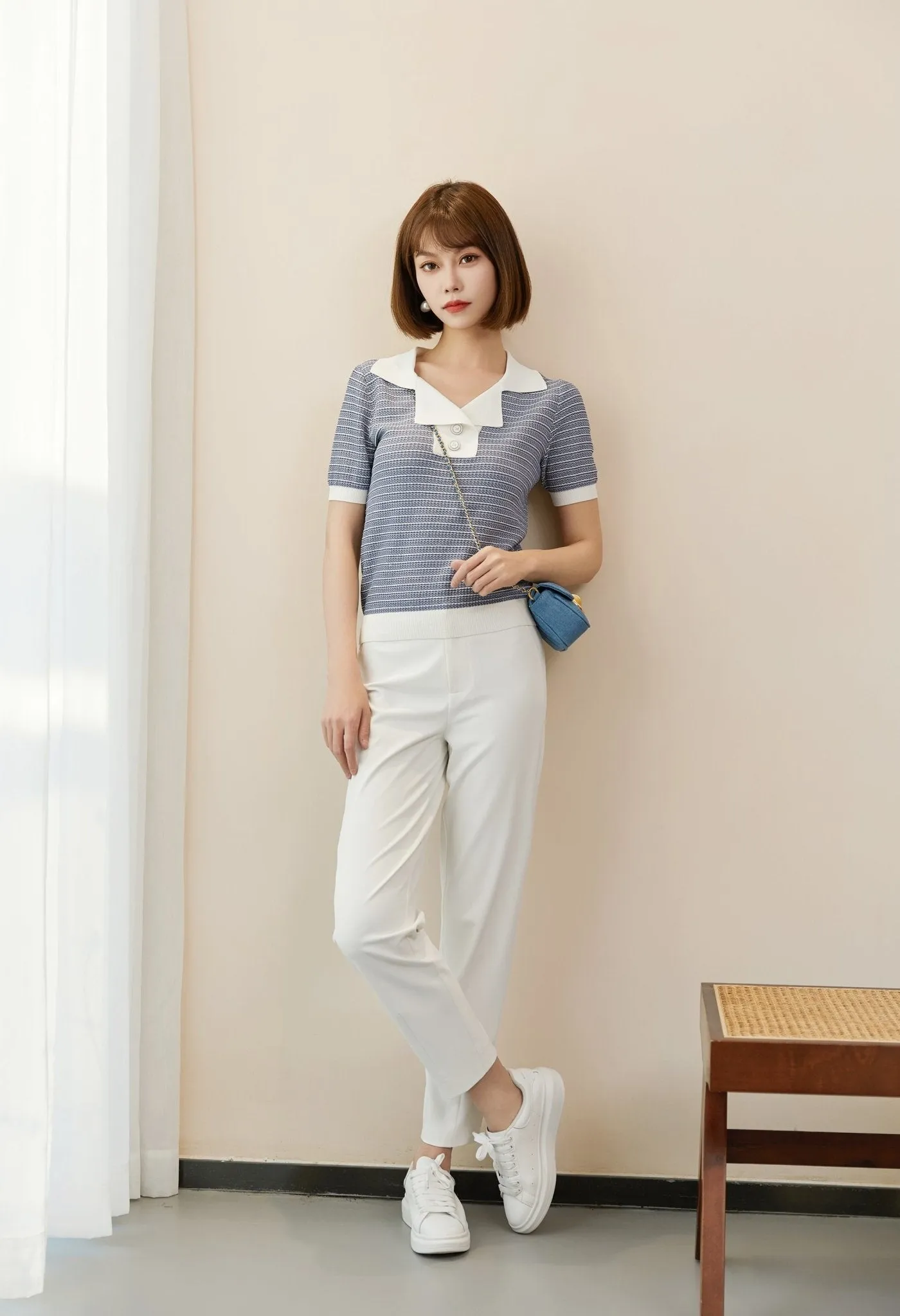 Blue Knit Short Sleeve Stripe T-shirt