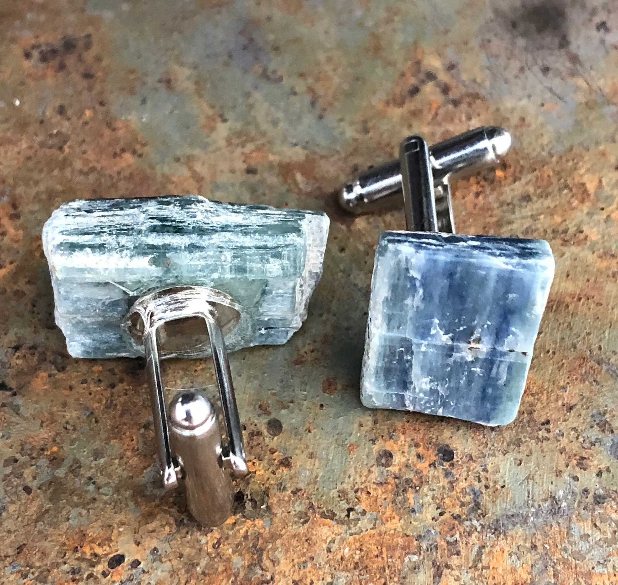 Blue Kyanite Cufflinks, natural raw stone cufflinks