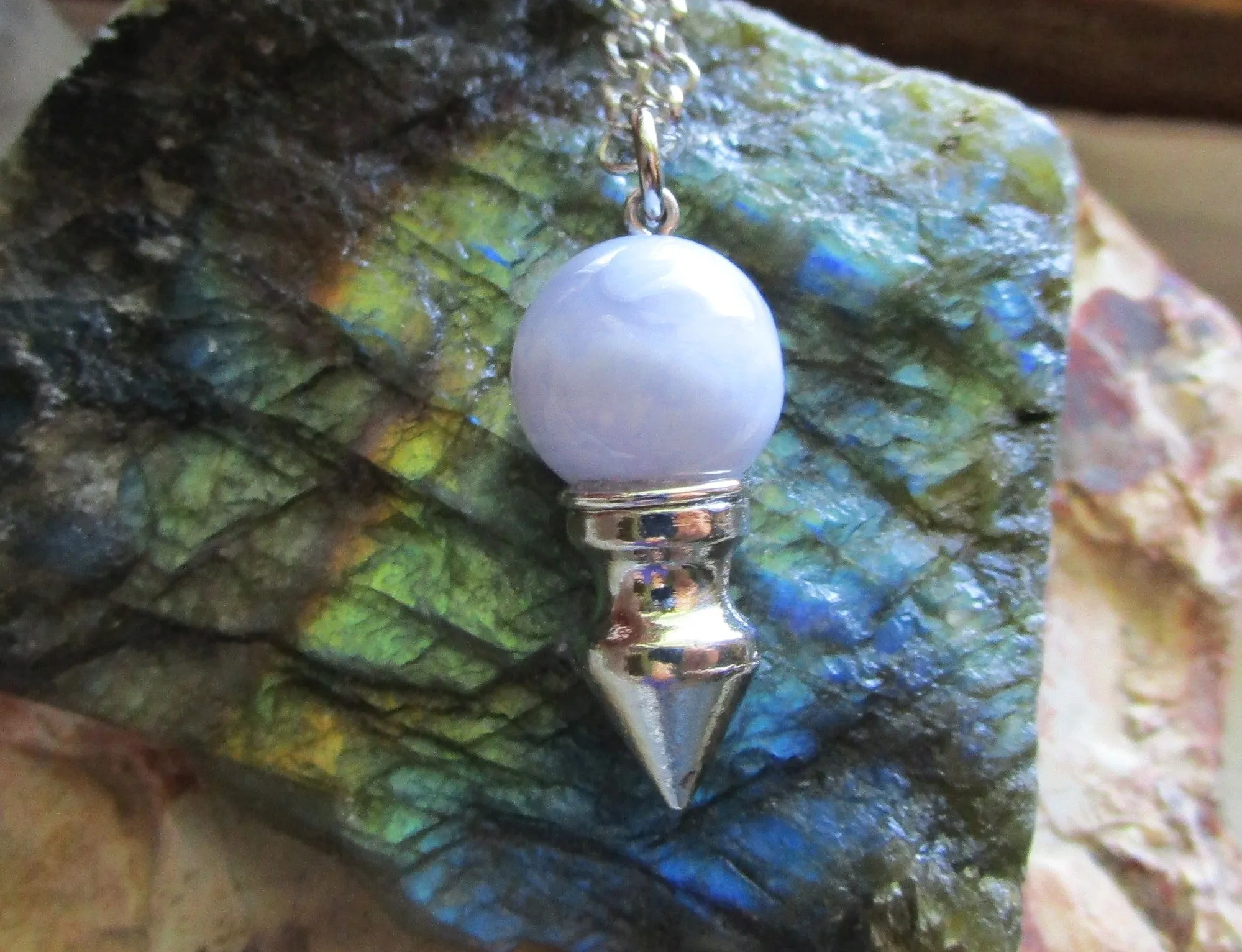 Blue Lace Agate Crystal Ball Spike Pendulum Pendant Necklace