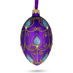 Blue Leaf On Purple Glass Egg Ornament 4 Inches