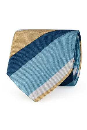 Blue, light blue and yellow striped hand made tie