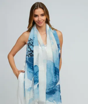 Blue Lightweight Scarf with Shimmer Detailing and Embellishments