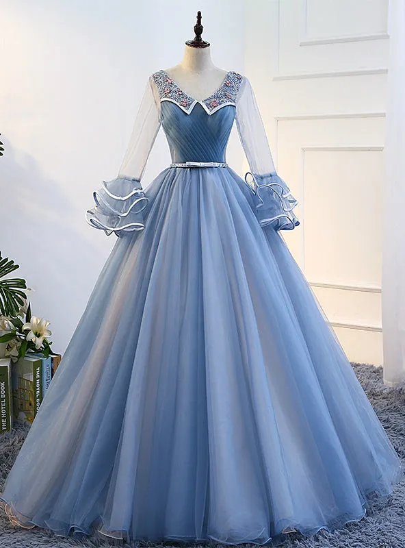 Blue Long Sleeve Tulle Pleats Beading Quinceanera Dresses