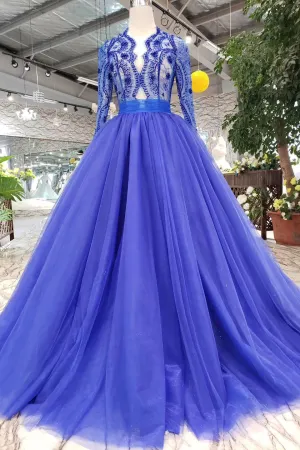 Blue Long Sleeves V Neck Tulle Prom Dresses with Beading