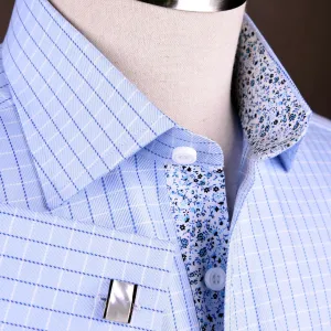 Blue Luxury Twill Striped Checkered Formal Business Dress Shirt Floral Inner-Lining