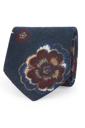 Blue macro floral 7 wool hand made printed tie