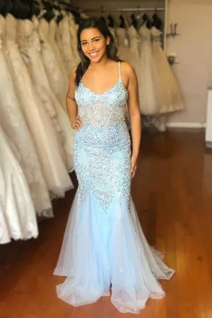 Blue Mermaid Tulle Spaghetti Straps Sequins Prom/Formal Dress  PG999