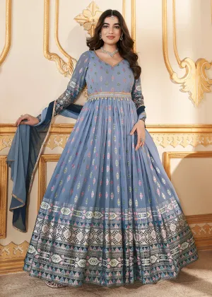 Blue Metalic Foil Work Embroidered Wedding Festive Anarkali Gown