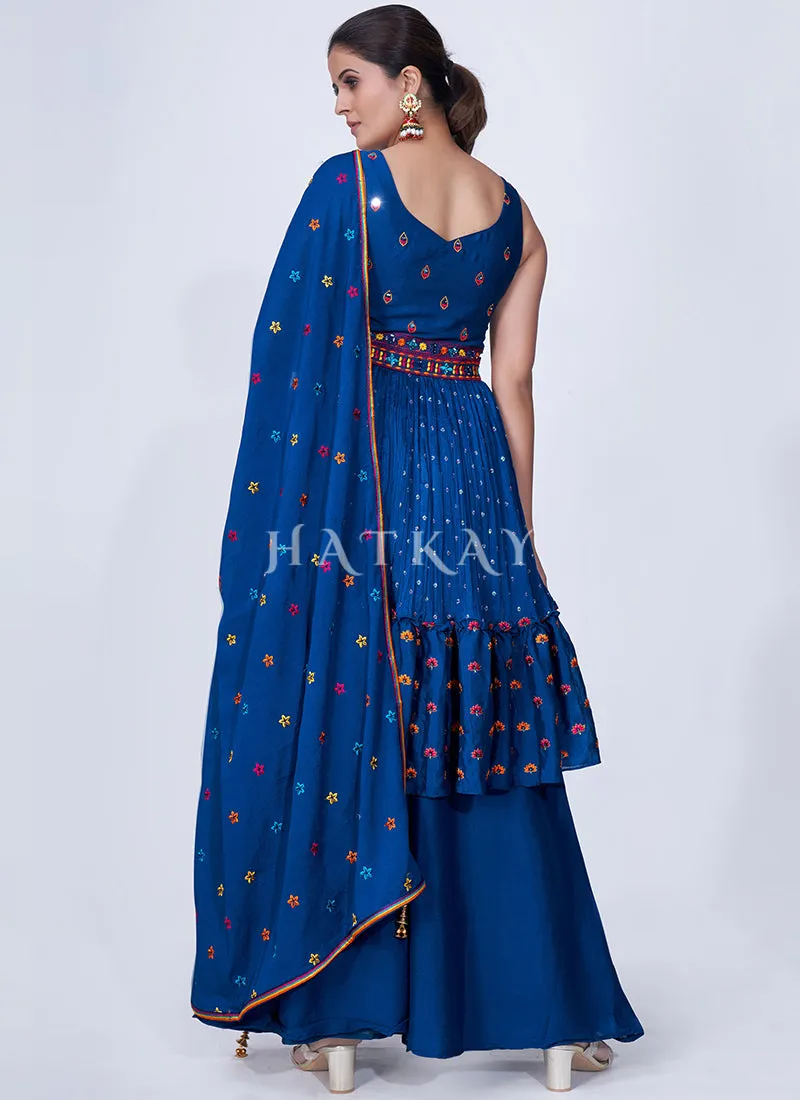 Blue Mirror Work Multi Embroidery Chiffon Palazzo Suit