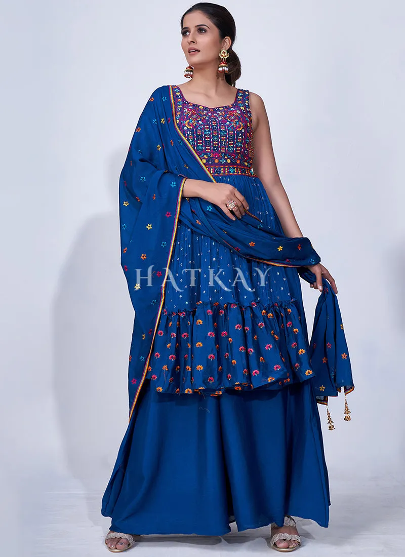 Blue Mirror Work Multi Embroidery Chiffon Palazzo Suit