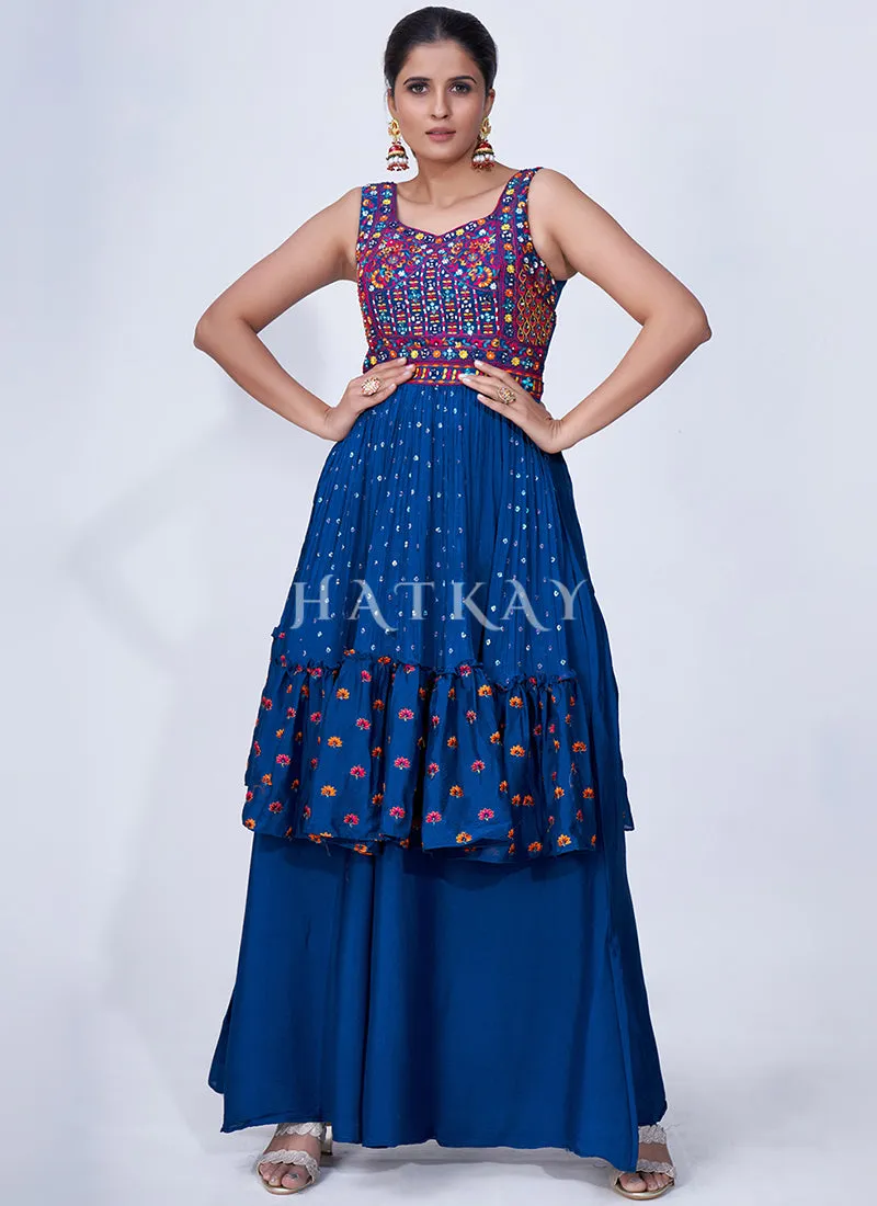 Blue Mirror Work Multi Embroidery Chiffon Palazzo Suit