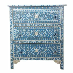 Blue Mother Of Pearl Inlay 3 Drawer Chest Floral