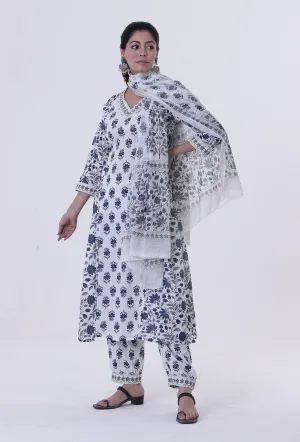 Blue Motif White Cotton Dupatta