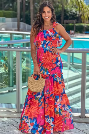 Blue Multi Color Smocked Maxi Dress