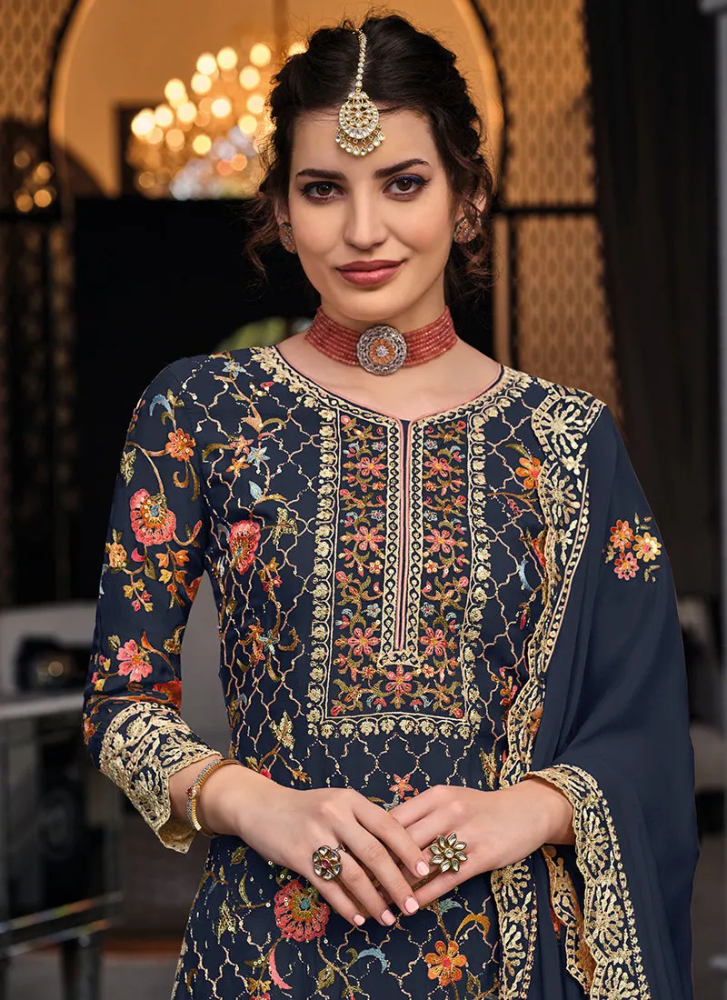 Blue Multi Embroidered Indian Palazzo Suit