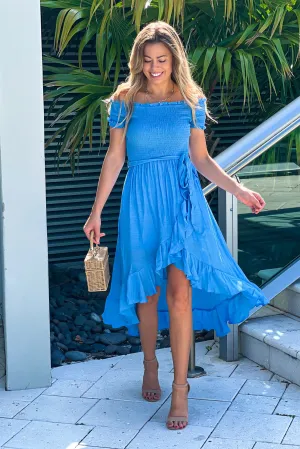 Blue Off Shoulder High Low Dress