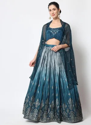 Blue Ombré Sequence Embroidery Silk Lehenga Choli