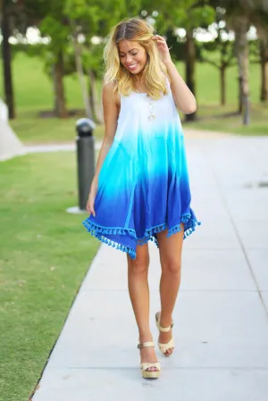 Blue Ombre Short Dress with Tassels