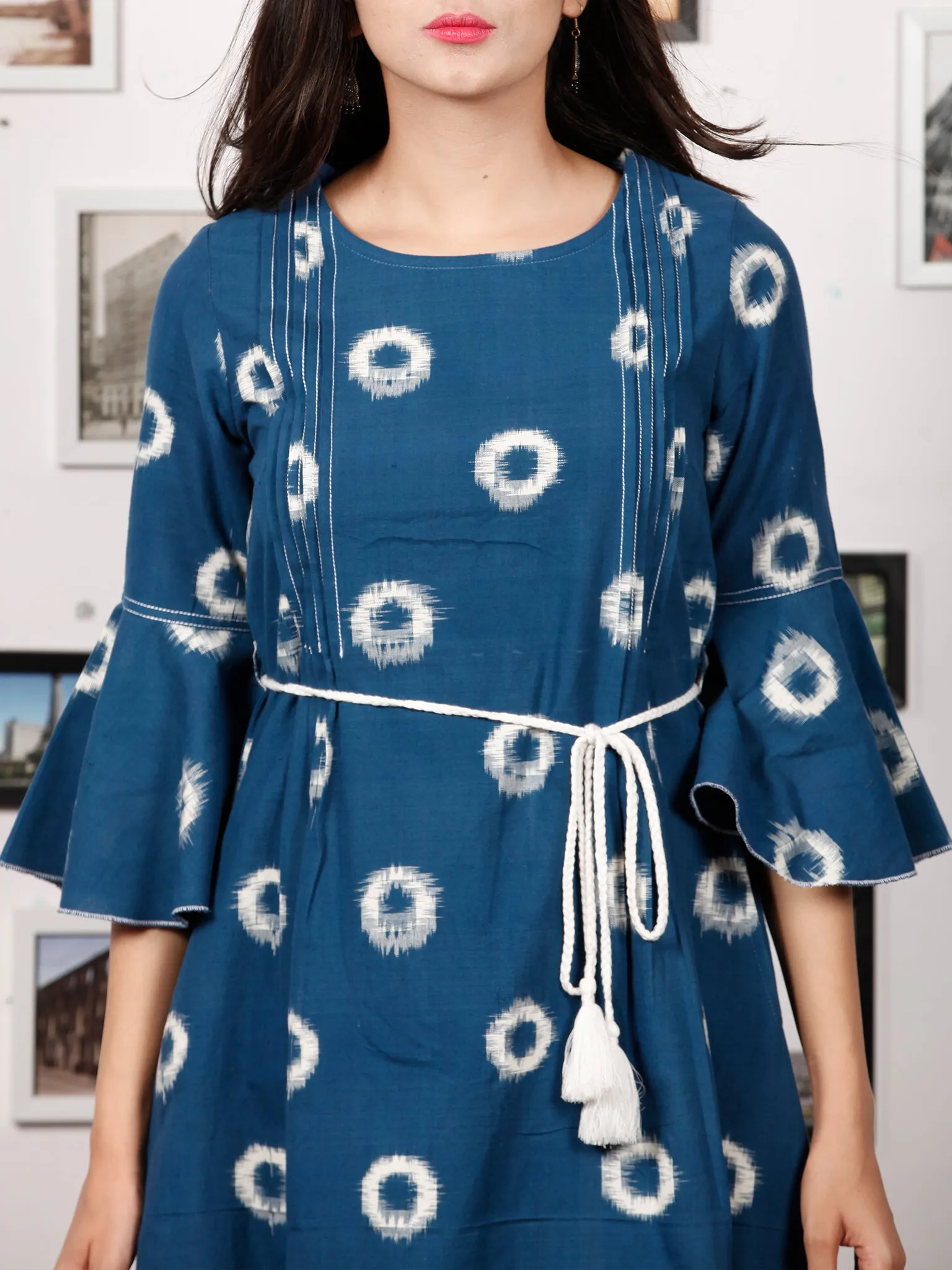 BLUE OO - Handwoven Double Ikat  Dress With Tassels - D321F853