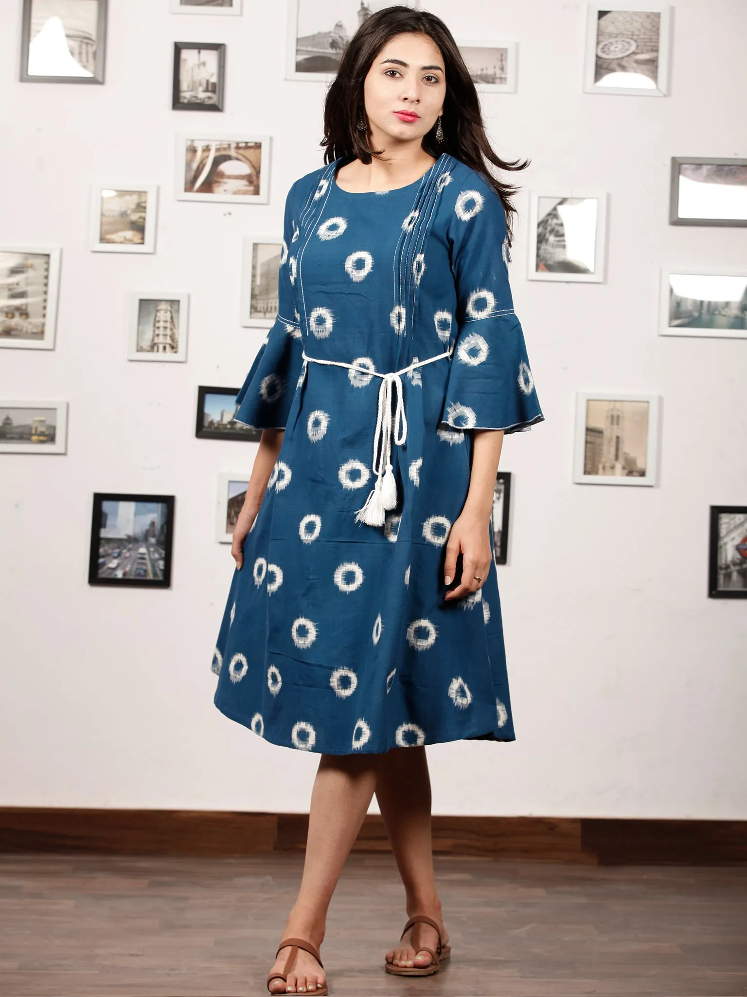 BLUE OO - Handwoven Double Ikat  Dress With Tassels - D321F853