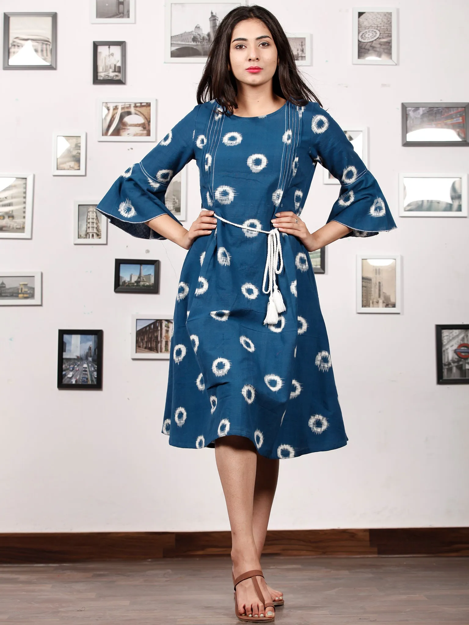 BLUE OO - Handwoven Double Ikat  Dress With Tassels - D321F853