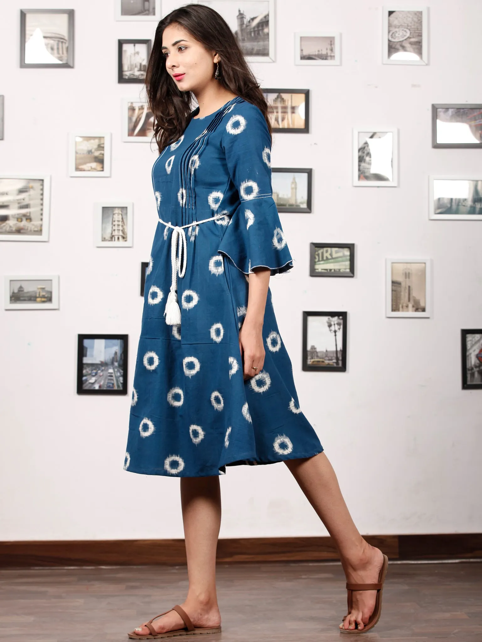 BLUE OO - Handwoven Double Ikat  Dress With Tassels - D321F853