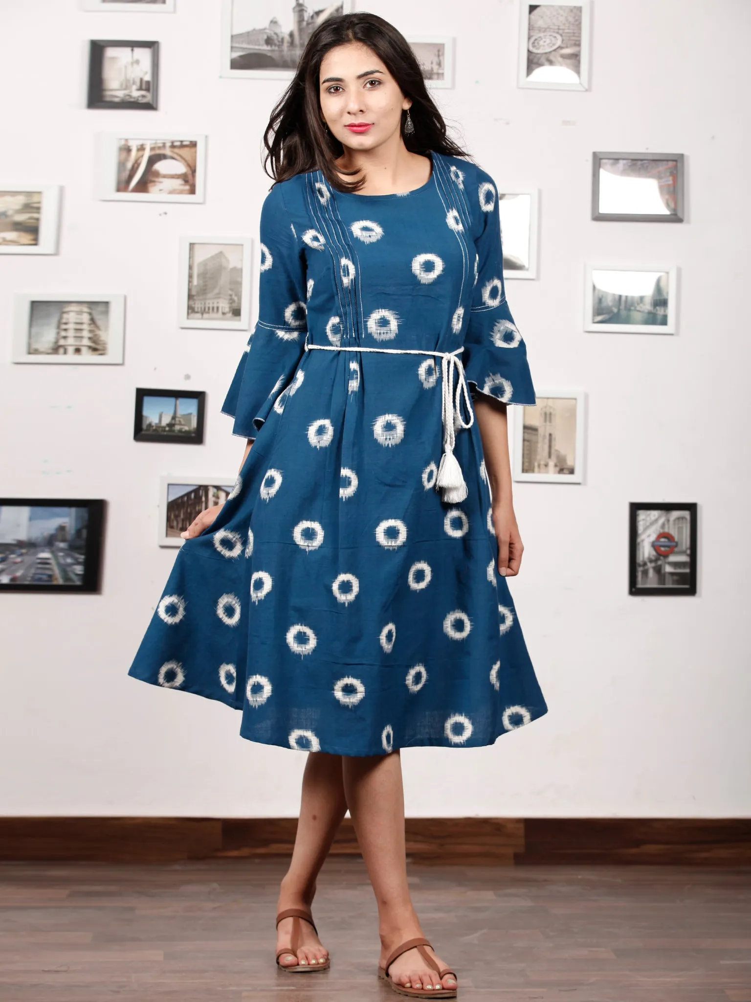 BLUE OO - Handwoven Double Ikat  Dress With Tassels - D321F853