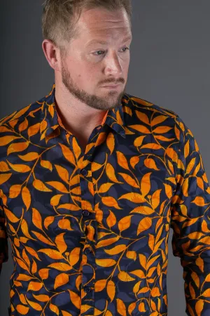 Blue Orange Floral Print Cotton Slim and Regular Fit Mens Shirt Long Sleeve