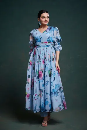 Blue Organza Dress with Stylish Prints – Ready to Wear