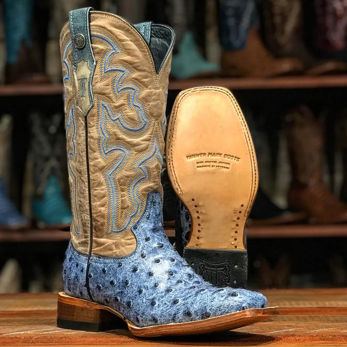 Blue Ostrich Print Cowgirl Boots