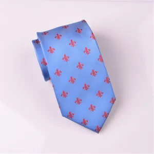 Blue Patterned 8cm Woven Tie with Red Fleur-De-Lis Floral Luxury Fashion