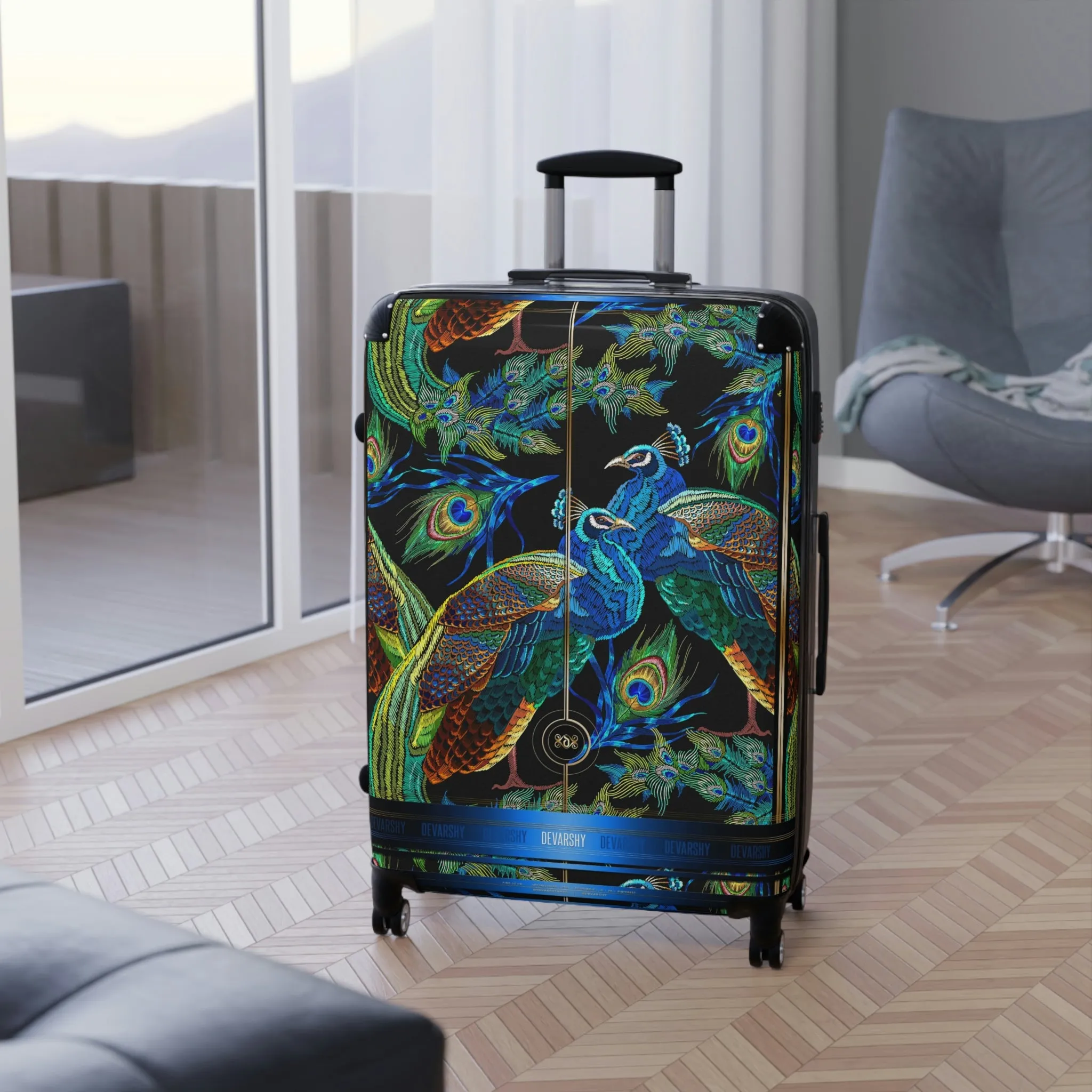 Blue Peacock Suitcase Carry-on Suitcase in 3 Sizes Peacock Print Luggage Hard Shell Suitcase | D20029